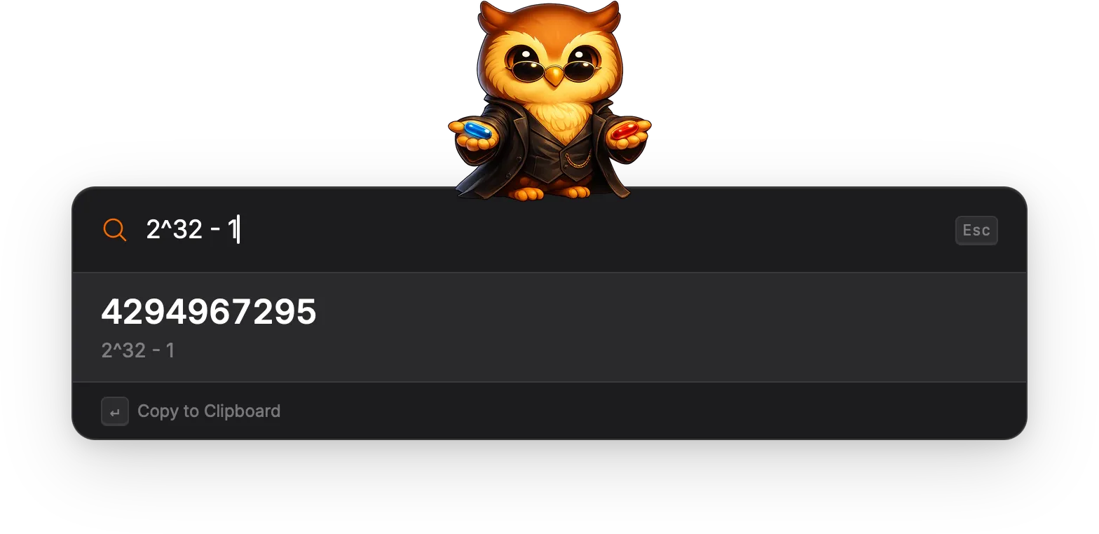 Torchsnap launcher with the expression '2^32 - 1' typed; the calculator's inline row shows the result 4294967295 above the standard footer.
