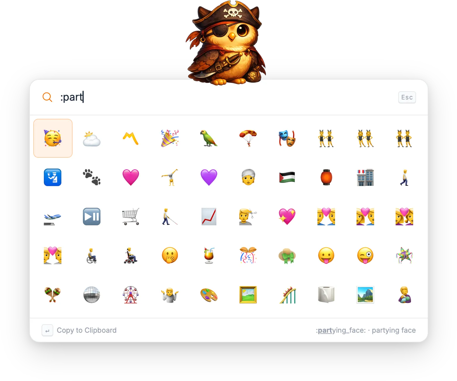 Torchsnap launcher in emoji-picker mode: the search field reads ':part', a grid of emojis fills the body, and the footer labels the selected glyph as 'partying_face — partying face'.