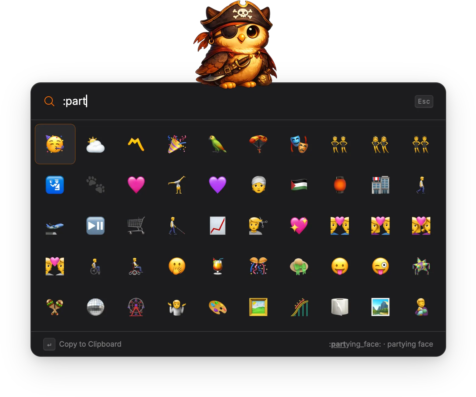 Torchsnap launcher in emoji-picker mode: the search field reads ':part', a grid of emojis fills the body, and the footer labels the selected glyph as 'partying_face — partying face'.